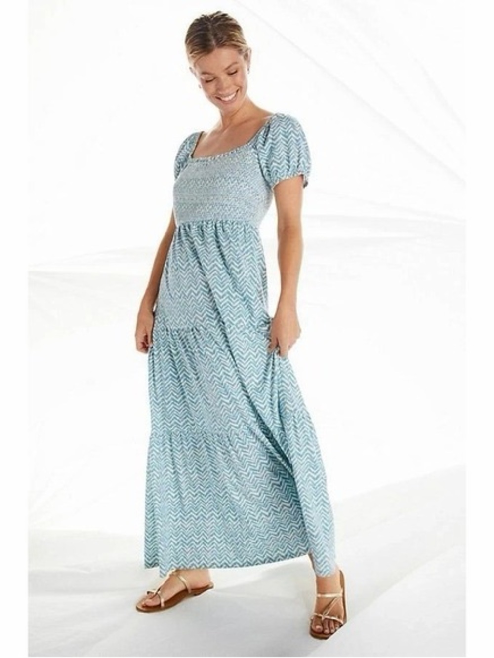 Daily Practice XS Tiered Maxi Dress Smocked Chevron A-line Long Anthropologie
